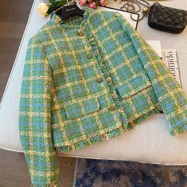Giacche da donna Moda spessa Colore verde Chic Versione coreana Giacca da donna in tweed Cappotto Autunno Inverno Top corto da donna