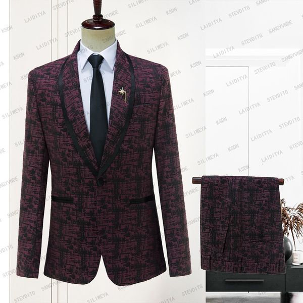 Мужские костюмы Blazers костюм Homme Wine Red и Black Jacquard One Button Tuxedo Men Suits Slim Fit Groom 2 ПК Установите Terno Masculino куртка 230503