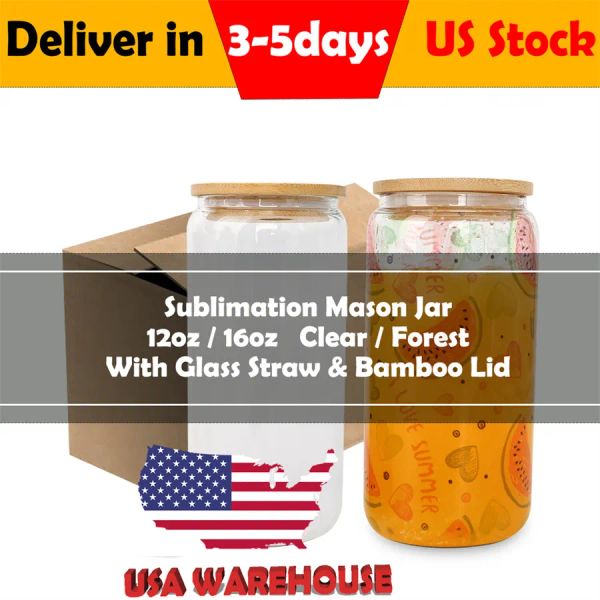 US-Lager 16 Unzen Sublimationsrohlinge Glas Einmachglas Bierkrüge mit Bambusdeckel Strohhalm DIY mattierte, klar geformte Trinkgläser Tassen Wärmeübertragung 16 Unzen 12 Unzen Cocktail Eiskaffee