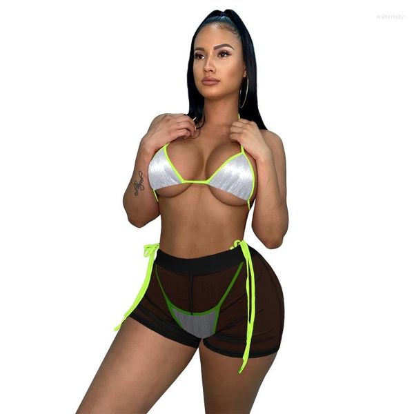 Damen-Badebekleidung 3-teiliger Badeanzug-Bikini-Set Damen-Schnür-BH-Höschen mit Mesh-Shorts-Badeanzug 2023 Sexy Beach Cover