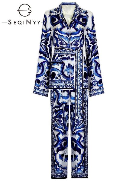 Брюки SEQINYY, свободный комплект, весенне-осенний новый модный дизайн, женская Пижамная рубашка для подиума + брюки с эластичной резинкой на талии, синие цветы с принтом Сицилии