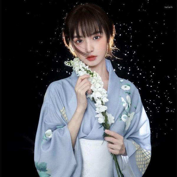 Abbigliamento etnico 2023 Donna Kimono giapponese Cosplay con fiore bianco Obi stampato tradizionale Yukata accappatoio Pografia spettacolo teatrale