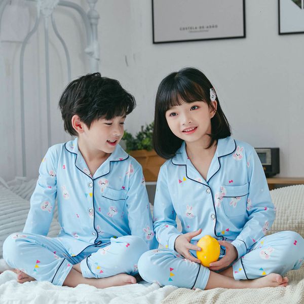 Pyjama Babi Boy Blue Cartoon Bunny Pyjama Set Frühling Herbst Langarm Anzug Kind Mädchen Kaninchen Nachtwäsche Homewears Kinder Pyjama Pijama 230503