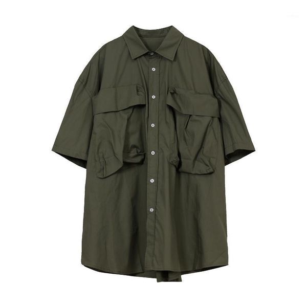 Camicie casual da uomo Camicia multitasche stile cargo Manica corta Armygreen Nero Bianco Coreano Chemise Homme Uomo High Street Streetwear L