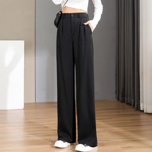 Женские короткие шикарные офисные ношения прямых брюк винтажные высокие женские брюки мешковатые корейские 2023 года весна лето осень -футболка 230503