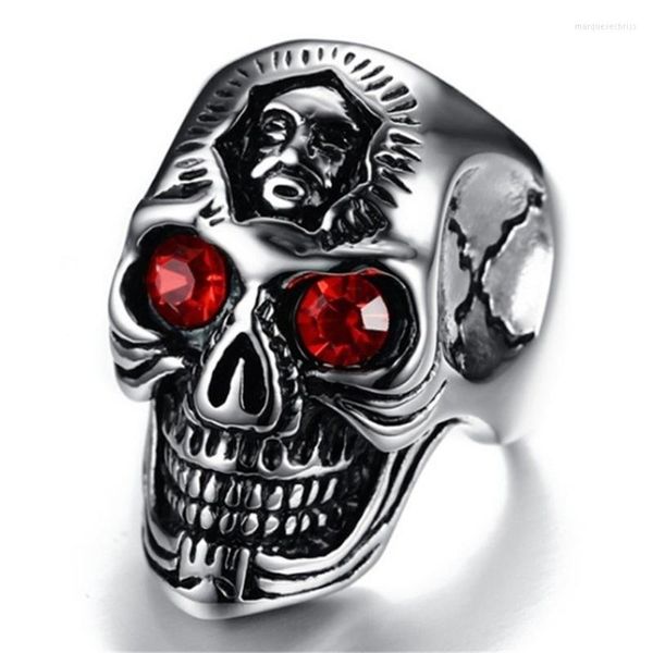 Trauringe Vintage Metall Silber Farbe Rot Kristall Auge Schädel Ring Motorrad Party Steampunk Biker Männlichen Schmuck Hip Hop Zubehör