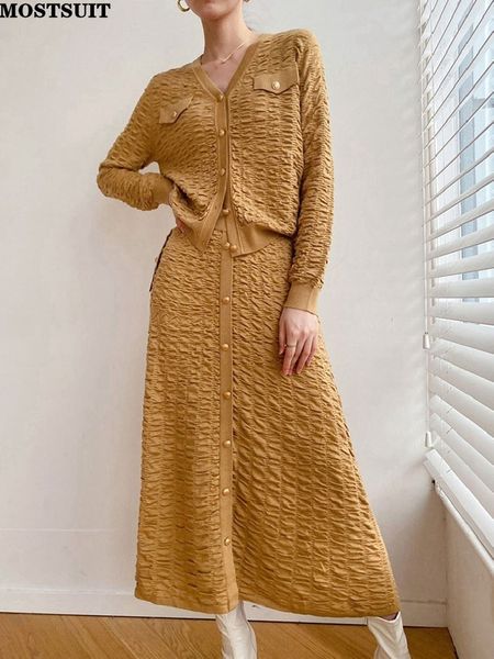 Vestido de duas peças elegante malha de saia de duas peças Women Matching Conjunto de gola em V-line Long Skirt Long Fashion Fashion Vintage Set Suit 230503