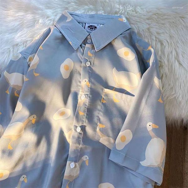 Damen Blusen Harajuku Hawaiihemd Streetwear Hip Hop Duck Egg Print Kurzarm Knopf Strandhemden 2023 Mode Lässig Lose Sommer