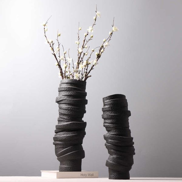 Vasos vaso de cerâmica criativa empilhada texturizada preto e branco arranjo de vaso de flores ornamentos de porcelana artesanato decoração home p230503