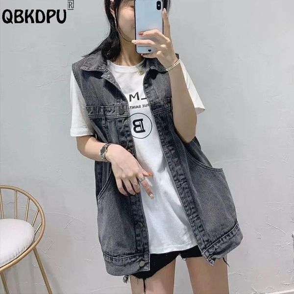 Westen Plus Größe Vintage Denim Weste Frauen Koreanische Mode Lose Ärmellose Jean Jacke Grau Schwarz Chalecos Mujer Gebleichte Weste