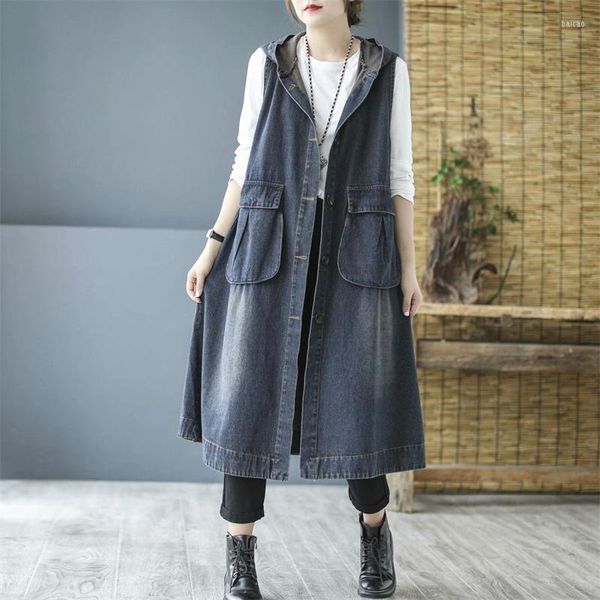 Damen Westen Denim Clip Frauen Frühling Herbst Lose Mittellange Weste Mit Kapuze Weibliche Koreanische Außerhalb Nehmen Mantel Mode Strickjacke