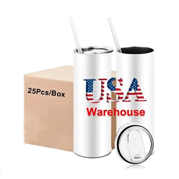 USA CA CA Warehouse Navio rápido 25pc/caixa 20 onças em branco sublimação branca canecas de água garrafas de água drinques de aço inoxidável com palha de plástico e tampa 4.23