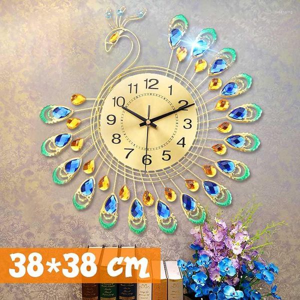 Relógios de parede 3d Luxo Diamante Pavão em forma de relógio de metal para casa Decoração de escritório Diy Ornamentos Presente 38x38cm