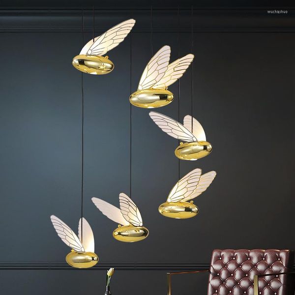 Pendelleuchten Flügel Gold Biene LED-Leuchten Decke El Flur Esszimmer Kunst Luxus Hängelampe Wohnkultur Treppen Glanz