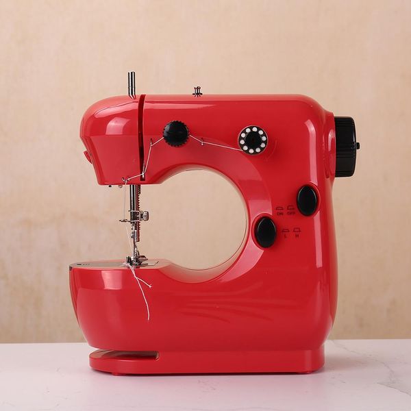 Macchine INNE Mini Macchina da cucire rossa Adattatore per pedale a doppia velocità per uso domestico portatile Carica automatica Manuale multilingue