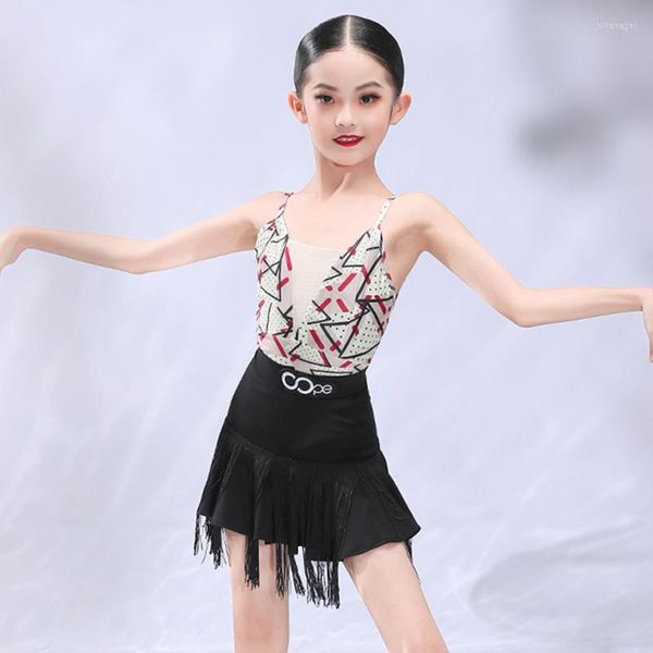 Bühnenkleidung Mädchen Latin Dance Dress ChaCha Competition Kostüm Sommer Rumba Practice Dancewear Backless Tops Fringe Rock Outfit YS4014