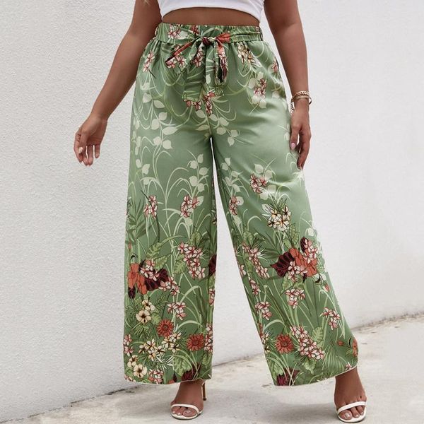 Низ больших размеров с цветочным принтом, летние элегантные широкие брюки с эластичной резинкой на талии и поясом, повседневные богемные брюки, женские брюки большого размера 6XL
