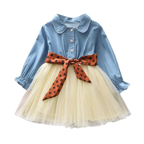 Kız Elbiseler Kızın 2-6y Kids Dantel Drsses Girs için uzun kollu gündelik kot patchwork Polka Dot Çıkarılabilir Kemer Prenses Tül Elbise Çocuklar