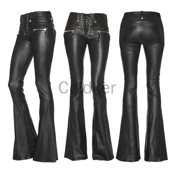 Damen Shorts Casual Streetwear Punk Gothic Schwarz PU Lederhose Hohe Taille Bandage Skinny Slim Schlaghose Kleidung S 5XL 230503