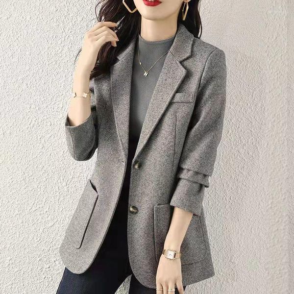 Ternos femininos Cinzenta cinza para mulheres roupas de outono temperamento coreano tops jaqueta blazer japonês sobretudo casual casual