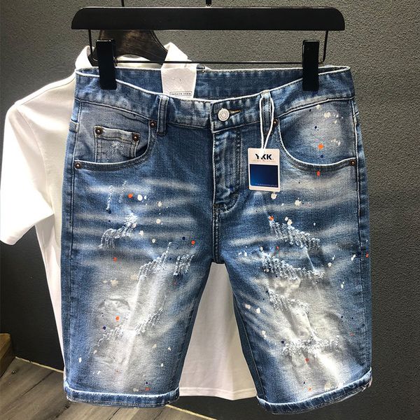 Shorts masculinos homens rasgados hole jeans shorts alongados hip hop tinta respingo tendência de streetwear desgastada Jeans machos vintage curtos 230503