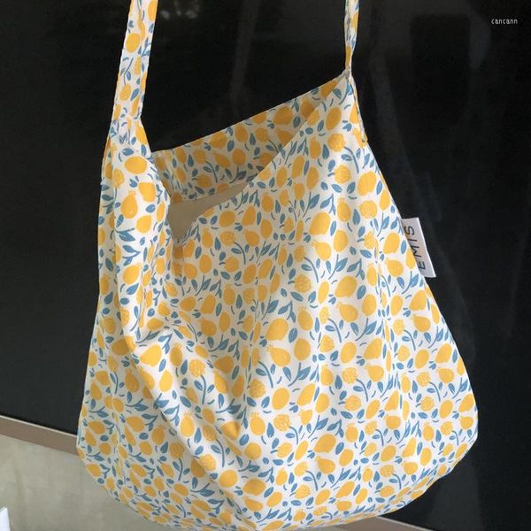 Akşam çantaları yaz taze limon baskı omuz tuval çanta Korean ins ince pamuklu crossbody bayan büyük alışveriş kitapları çanta kız için