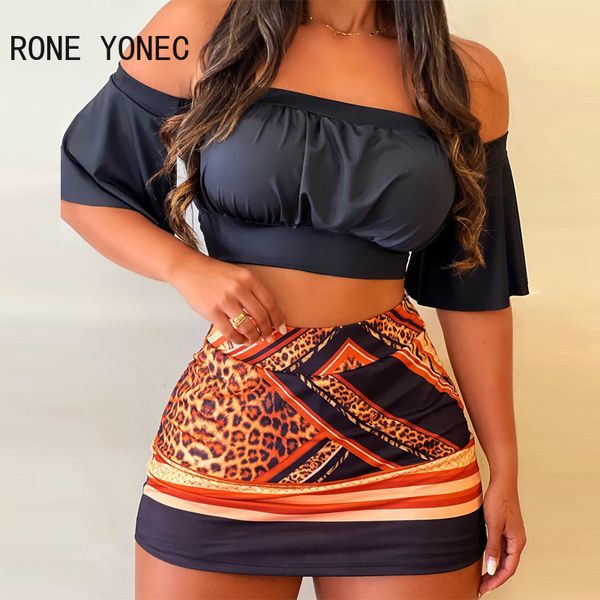 Abito a due pezzi Donna Chic Solid Crop Top All Over Print Bottom Maniche corte Bodycon Sexy Set gonna da festa 230504