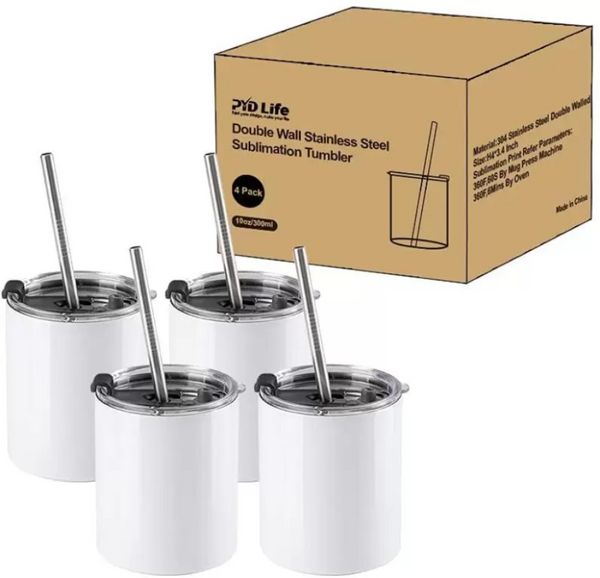 Sublimação em branco branco 10 oz copo de aço inoxidável com palha e tampa copos de café canecas para cricut caneca imprensa impressão fy5