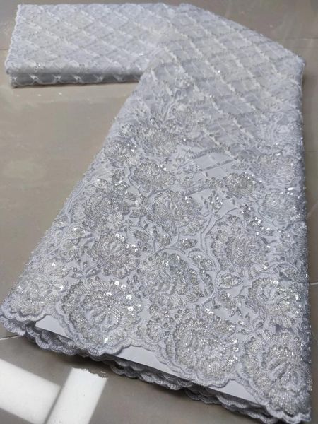 Tessuto (5 yards/pc) Perline tubolari pesanti ricamate tessuto di pizzo da sposa africano bianco pizzo netto francese di alta qualità per il vestito da festa FYY002