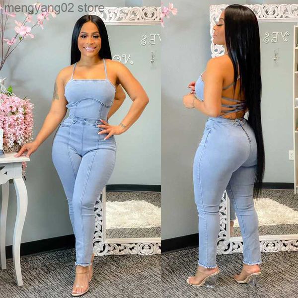 Tute da donna Pagliaccetti Echoine Summer Sexy Backless Lace Up Tuta Donna Blu Skinny Bodycon Denim Pagliaccetti Clubwear Abiti Jeans Tuta T230504