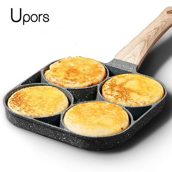 PANS UPORSA 4 FRYING FRYING PAN NON Stick Breakfast Burger Egg Pankaking Maker Wooden Handle Stone Four Hole Omet Pan 230503