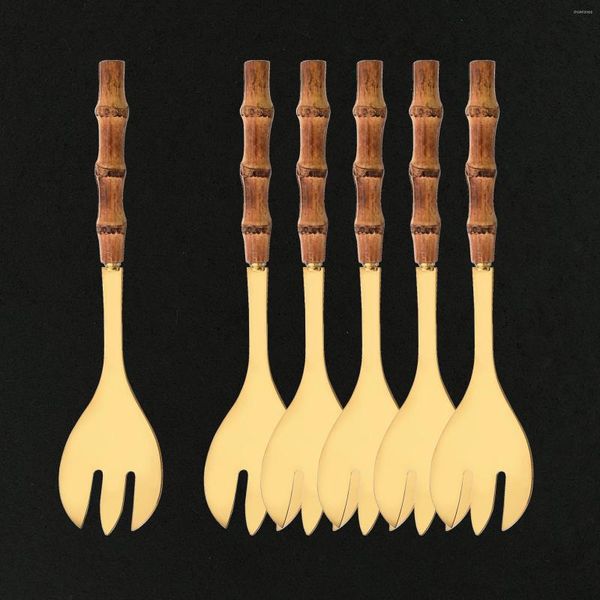 Set di stoviglie 6 pezzi Manico in legno di bambù Acciaio inossidabile 304 Cucchiaio da insalata Forchetta Servizio lungo Grande spork Stoviglie Posate dorate