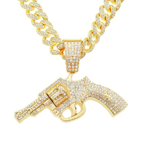 Halskette für Herrenkette kubanische Gliedergoldketten Iced Out Schmuck Hip Hop Full Diamond Gun Pendant Cuban Chain Necklace