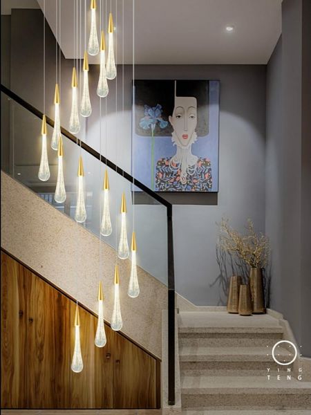 Lâmpadas pendentes de água LED GOOL DE CRISTAL LIGHT STAIR Stair Lâmpada de jantar Candelieiro de roupas da sala de estar da sala de estar de escada de desenho de arame pendurado