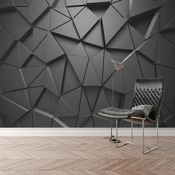 Papéis de parede Tamanho personalizado 3D Triângulo geométrico Papel de parede mural escuro para parede da sala de estar