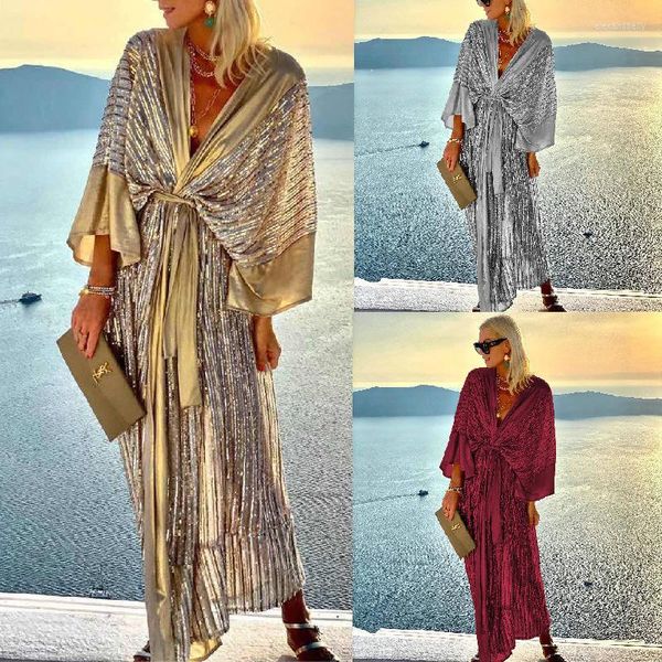 Casual Kleider 2023 Lose Strand Gürtel Langes Kleid Für Frauen Goldene Farbe Damen Pailletten Strickjacke Fledermausärmel Party Urlaub Robe Boho