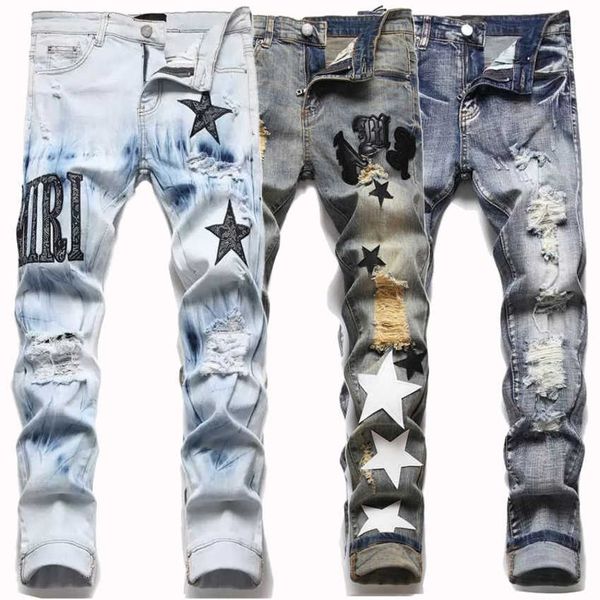 Мужские дизайнерские джинсы, пешие брюки, разорванные хип -хоп -стрит бренд панталоны Vaqueros para hombre Мотоциклевая вышивка.