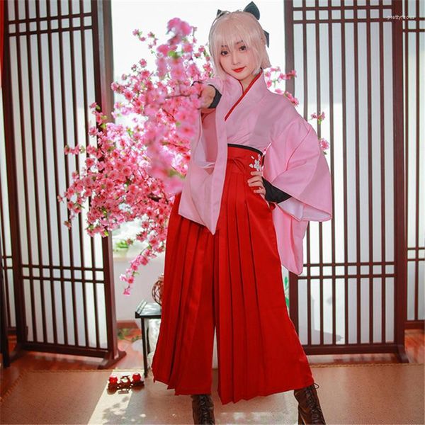 Roupas étnicas Anime feminino FGO FATE GRANDE SAKURA SABER OKITA SOUJI KENDO KIMONO Oriental Tradicional Cosplay Tops