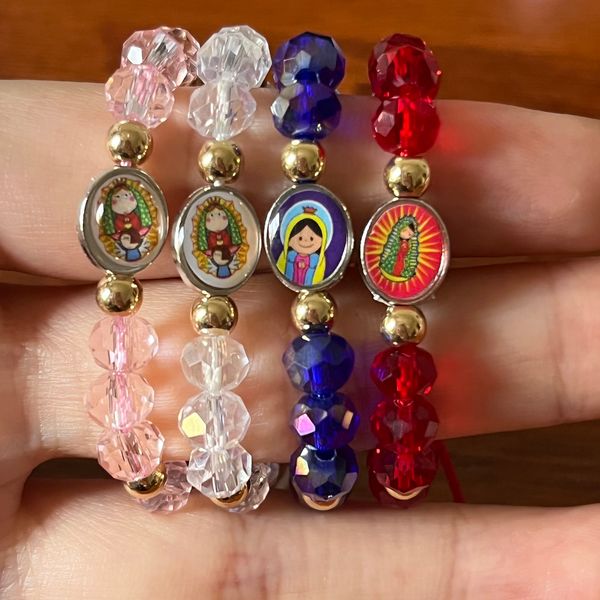 Corrente 12 peças corda vermelha rosário bebê virgem guadalupe pulseira cristal tamanho infantil pulseira da sorte