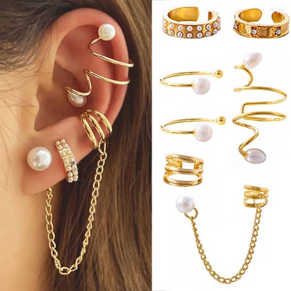 Creolen 7-teiliges Knorpel-Manschetten-Set für Frauen Mädchen Non-Piercing Pearl Long Clip Drop Earring Party Jewelry Gift