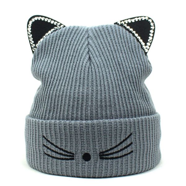 Moda Cat Ear Knitting Beanie Skull Cap per le donne Intarsio di strass Intrecciato Inverno Tenere al caldo Ragazza Casual Crochet Caps HCS327