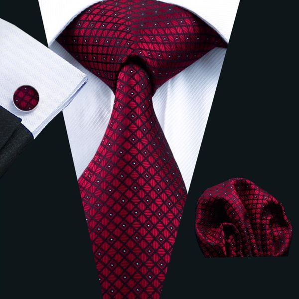 Maroon Tie for Men Hankerchief Cufflinks Set Padrão Mens Jacquard Tecla de Calha de Negócios 8 5cm Lidção Casual Conjunto N-0704229T