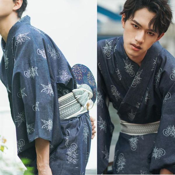 Abbigliamento etnico Stile tradizionale giapponese Samurai Kimono per uomo Yukata Accappatoio Hekoobi Allentato Sauna Homewear Cintura Abito lungo