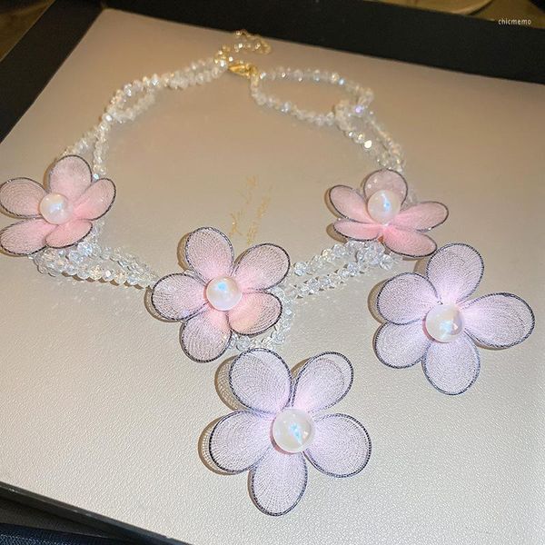 Серьги ожерелья устанавливают романтическую розовую розовую пряжу цветок элегантный натуральный жемчужный украшения акриловый изысканный изысканный шарм