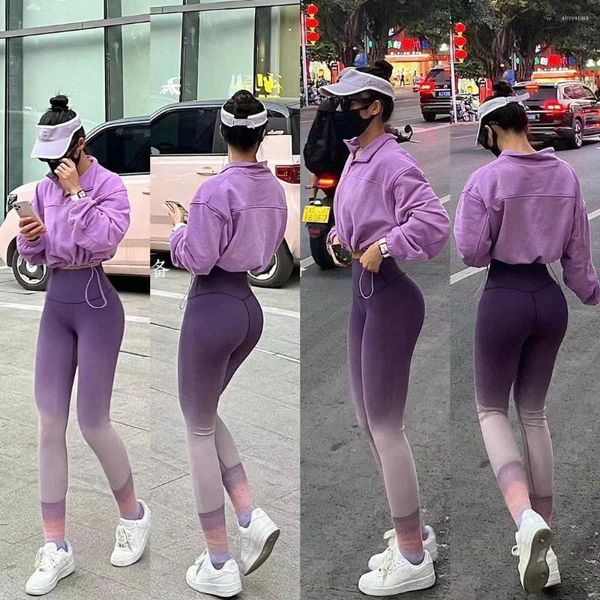 Active Pants Mitaogirl Nylon Gradient Yoga High Waist Hip Lifting Sport Fitness Damen Running Tights Gym Training Nude