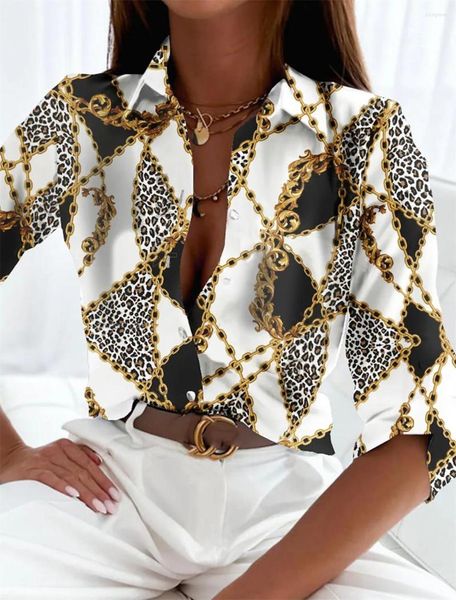 Женская блузская модная цепь леопардовая рубашка женская корейская блузка элегантная весенняя осенняя поло с длинным рукавом с длинным рукавом.