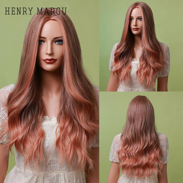 Parrucche sintetiche HENRY MARGU Ombre lunghe rosso arancione per donna Parrucca per capelli ondulati naturali Parte centrale Cosplay Party Resistente al calore