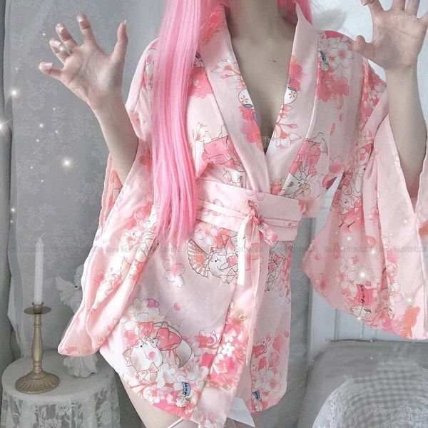 Ethnische Kleidung Frauen Japanischer Stil Anime Kimono Kleid Yukata Lässig Lose Haori Home Bademäntel Set Sexy Robe Sakura Print Cardigan Gürtel