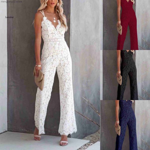 Damen Jumpsuits Strampler Eleganter Overall Weiß V-Ausschnitt Spitze Sling Rückenfrei Schlanke Taille Damen Jumpsuits Ärmellose Hose mit weitem Bein Solide Elegante Damen T230504