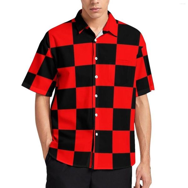 Camicie casual da uomo Camicia da spiaggia bicolore nera e rossa Checkboard Summer Man Street Style Camicette Manica corta Graphic Tops Grandi dimensioni